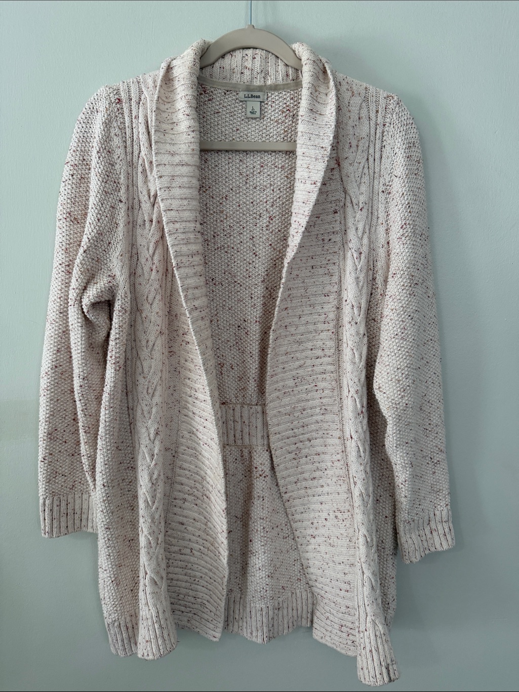 L.L. Bean Cream Speckled Cable-Knit Shawl Collar Cardigan